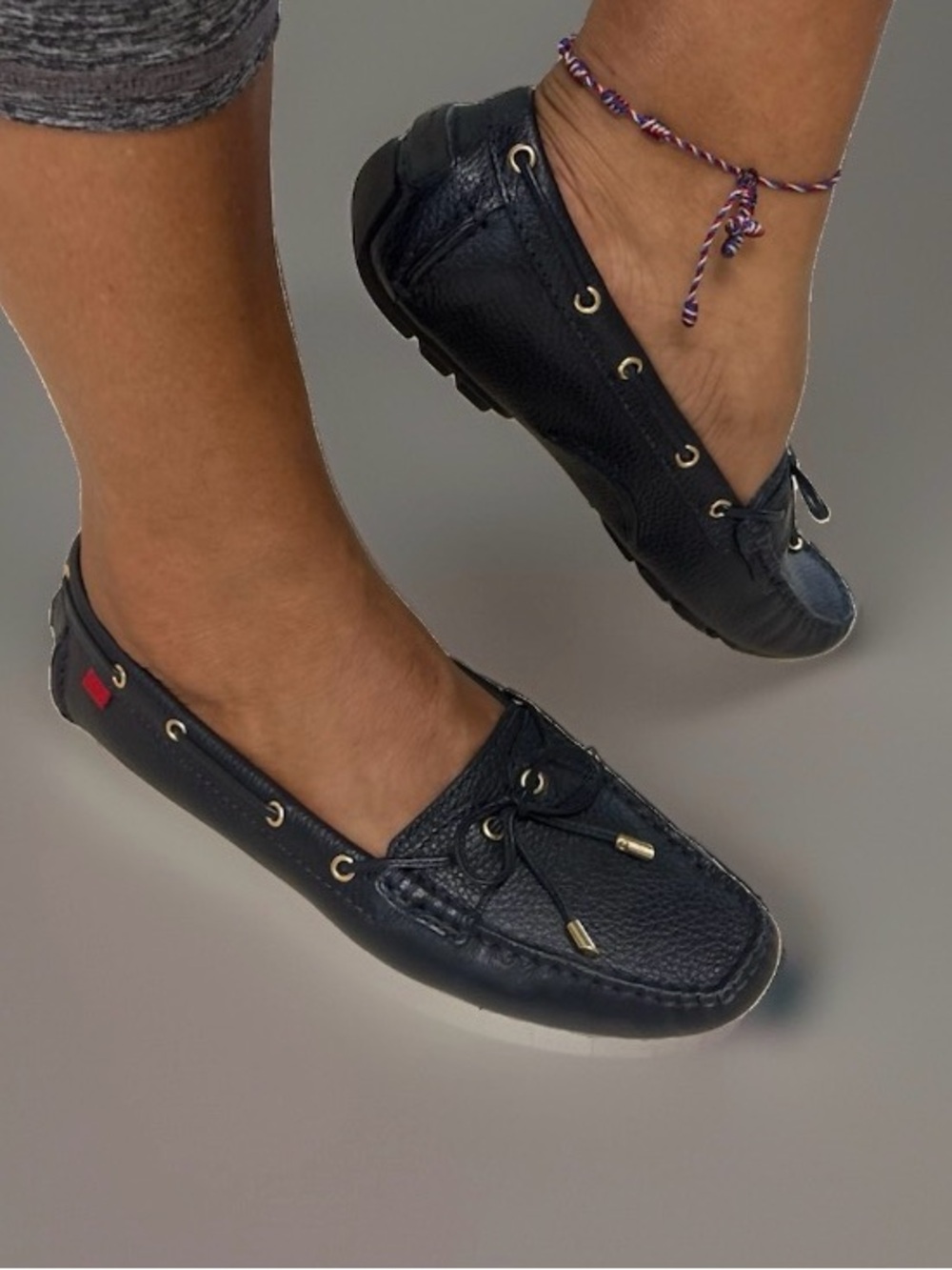 Marc Joseph Navy Leather Driving Moccasins with Gold Eyelets